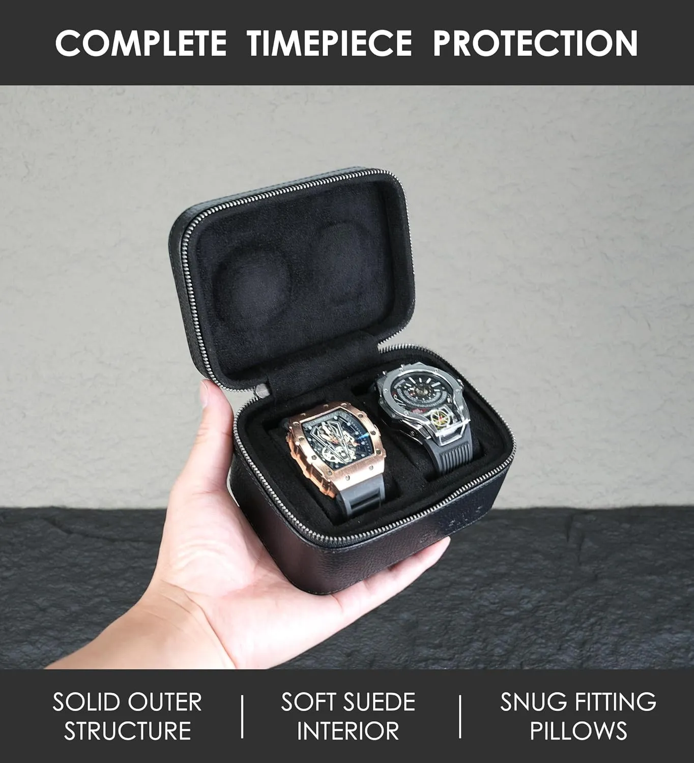 2 Watch Travel box Real Top-grain Leather Two Watch Roll Case for Man and Women Watches Packing Box Storage Organizer with Black Suede to Protection Zipper Fit All Watches Up to 60mm (2W-Z-BB)