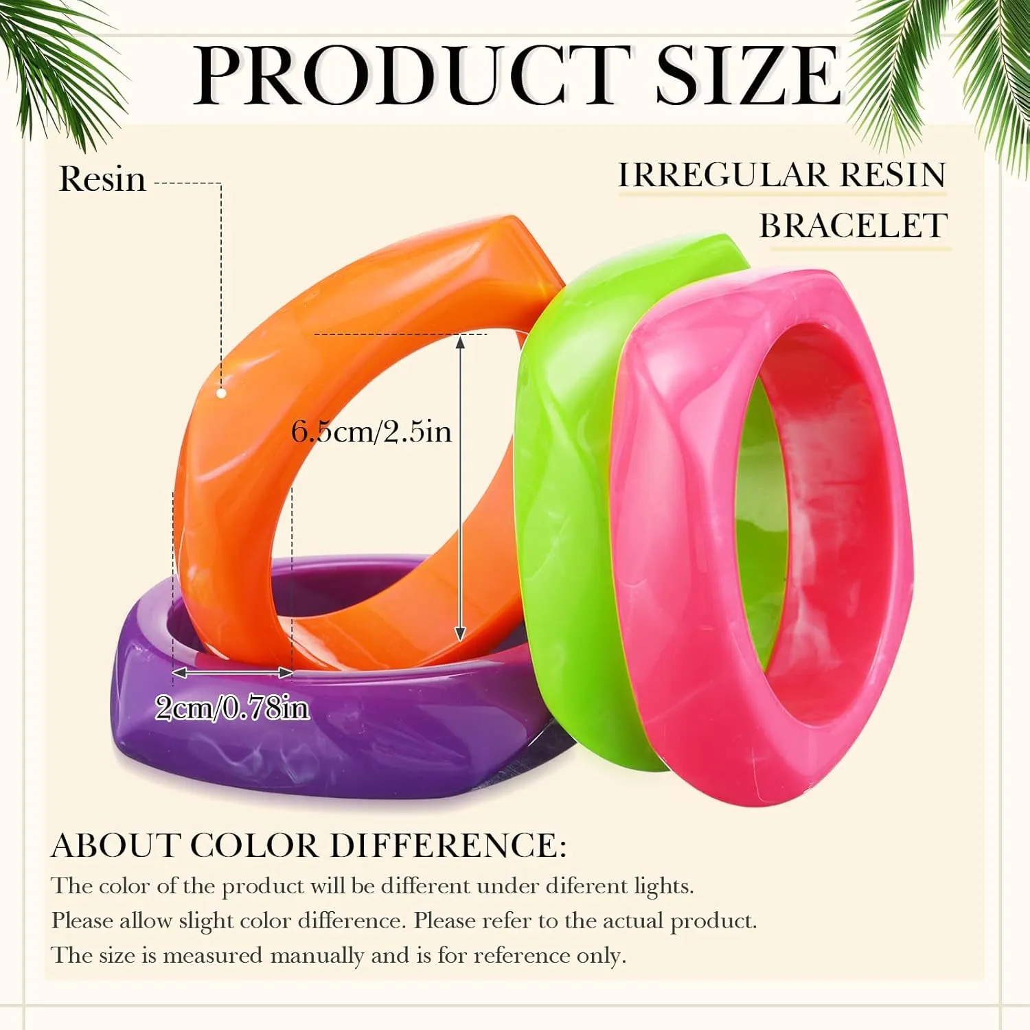 4 Pcs Colorful Square Acrylic Resin Bangle Bracelet Wide Geometric Irregular Wristbands Women