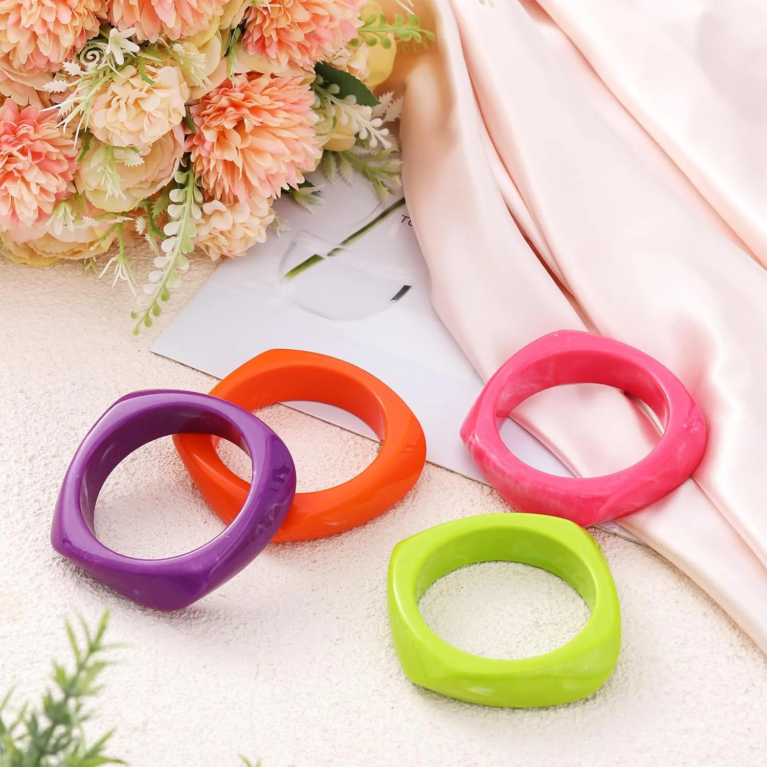 4 Pcs Colorful Square Acrylic Resin Bangle Bracelet Wide Geometric Irregular Wristbands Women