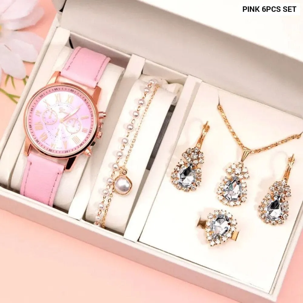 6pcs Set Fashion Women Watches Simple Ladies Business Pink Leather Quartz Watch Womens Necklace Earrings Bracelet Wristwatch
