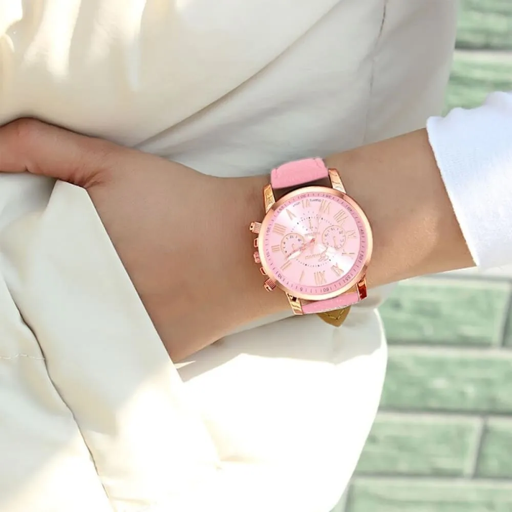 6pcs Set Fashion Women Watches Simple Ladies Business Pink Leather Quartz Watch Womens Necklace Earrings Bracelet Wristwatch
