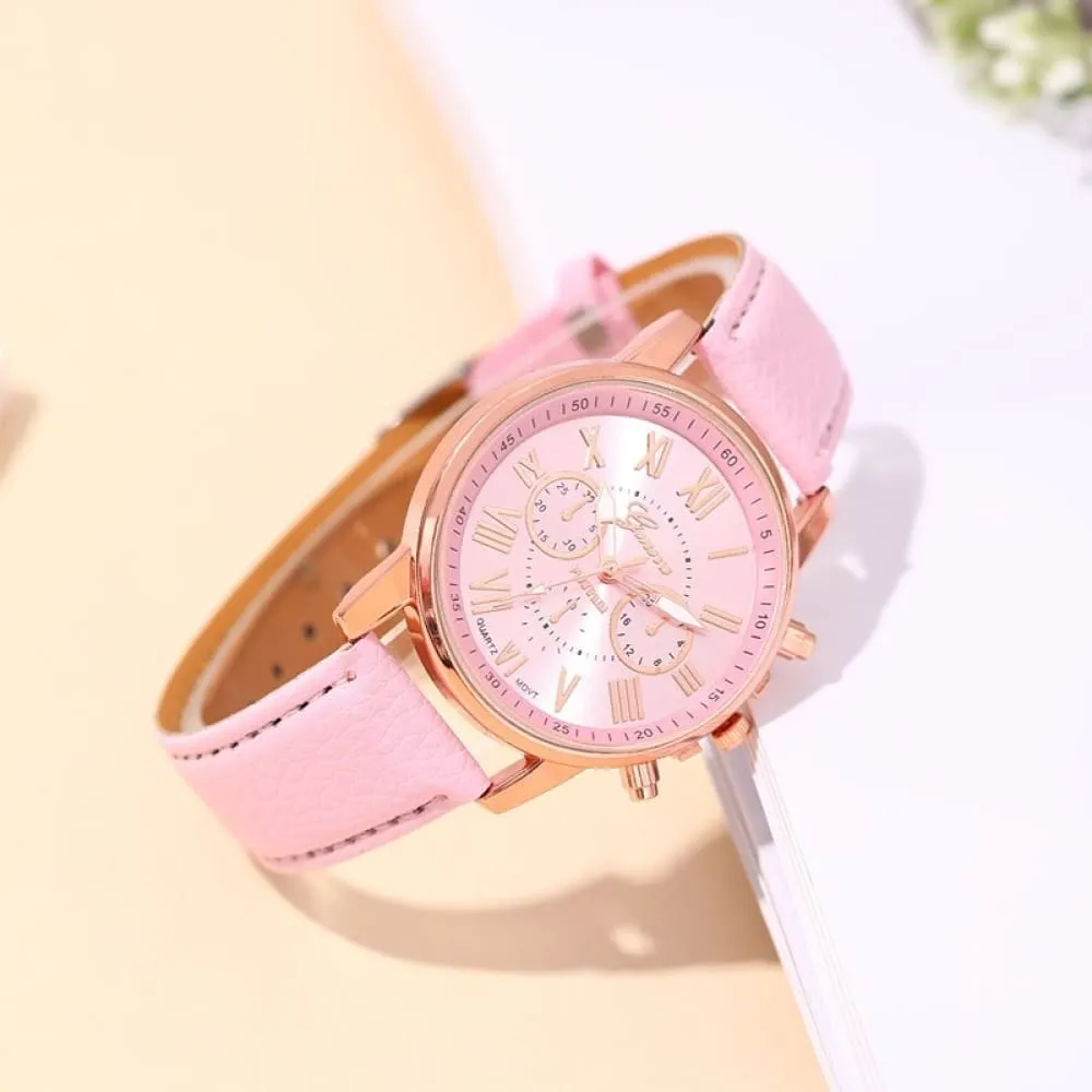 6pcs Set Fashion Women Watches Simple Ladies Business Pink Leather Quartz Watch Womens Necklace Earrings Bracelet Wristwatch