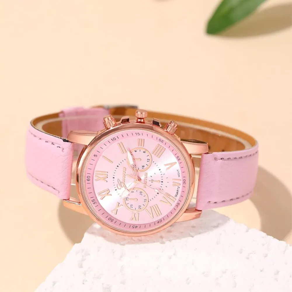 6pcs Set Fashion Women Watches Simple Ladies Business Pink Leather Quartz Watch Womens Necklace Earrings Bracelet Wristwatch