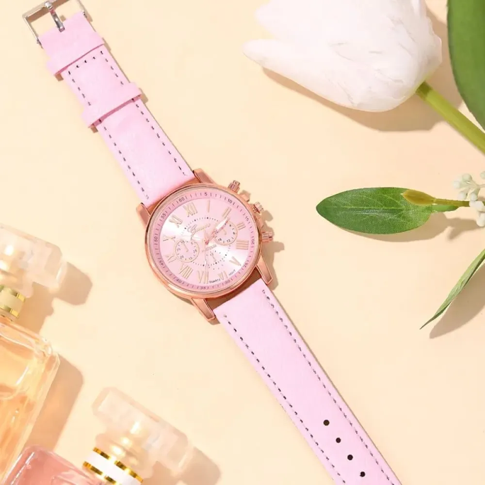 6pcs Set Fashion Women Watches Simple Ladies Business Pink Leather Quartz Watch Womens Necklace Earrings Bracelet Wristwatch