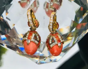 925 Sterling Silver Enamel Egg Ornate Rhinestone Genuine Coral Pierced Earrings