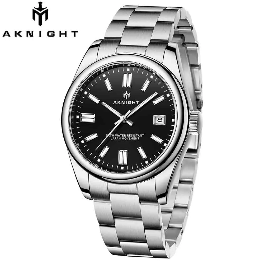 AKNIGHT Watch for Man Quartz Movement Stainless Steel Business Waterproof Watches Luxury Original Date Clock Relogio Masculino