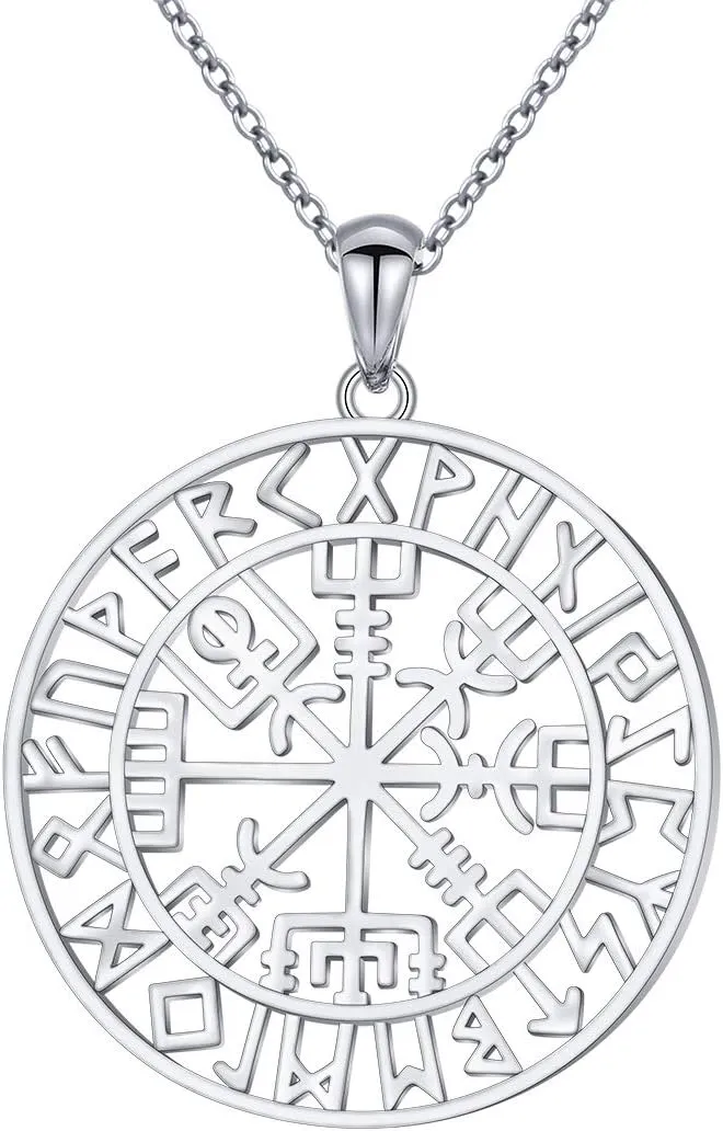 Alphm S925 Sterling Silver Large Compass Viking Pendant Necklace for Men Women Graduation Friendship Talisman Travel Jewelry