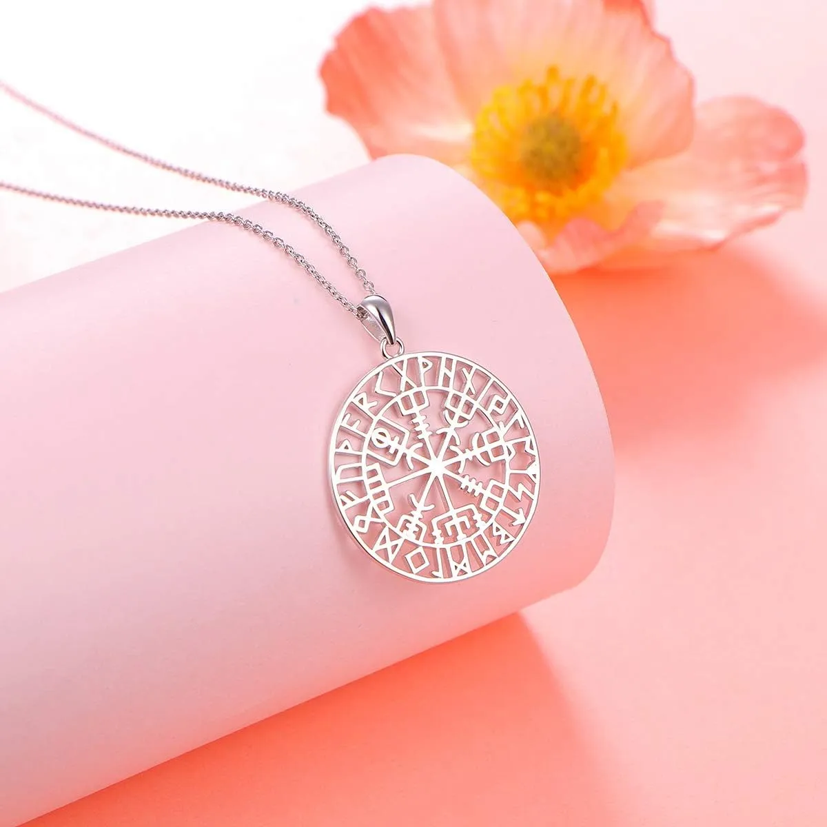 Alphm S925 Sterling Silver Large Compass Viking Pendant Necklace for Men Women Graduation Friendship Talisman Travel Jewelry