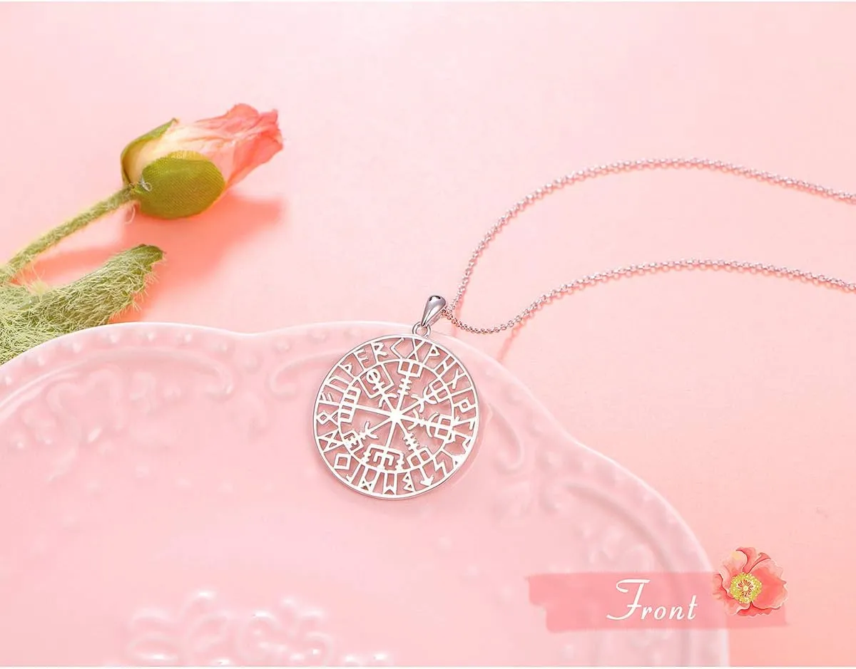 Alphm S925 Sterling Silver Large Compass Viking Pendant Necklace for Men Women Graduation Friendship Talisman Travel Jewelry