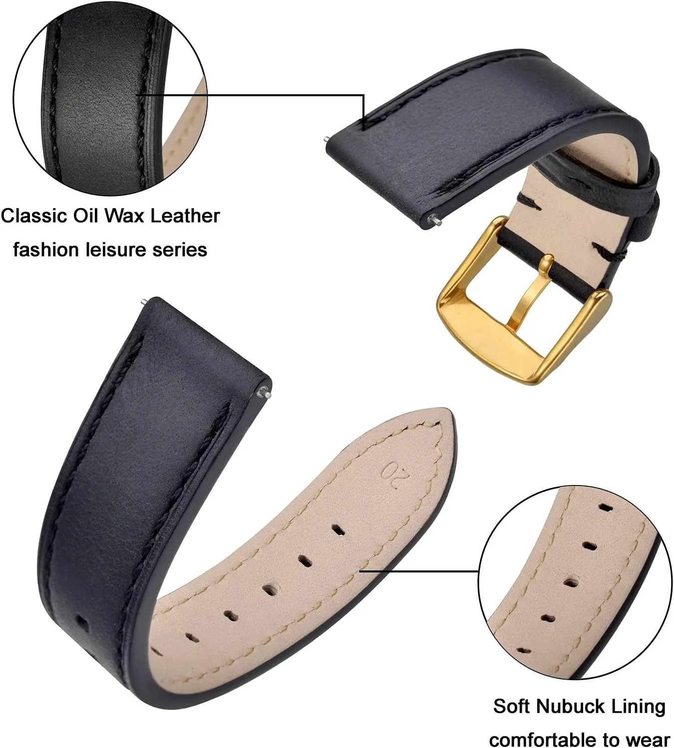 ANNEFIT Watch Band 16mm 17mm 18mm 19mm 20mm 21mm 22mm 24mm - Classic Oil Wax Leather Quick Release Watch Strap for Men Women