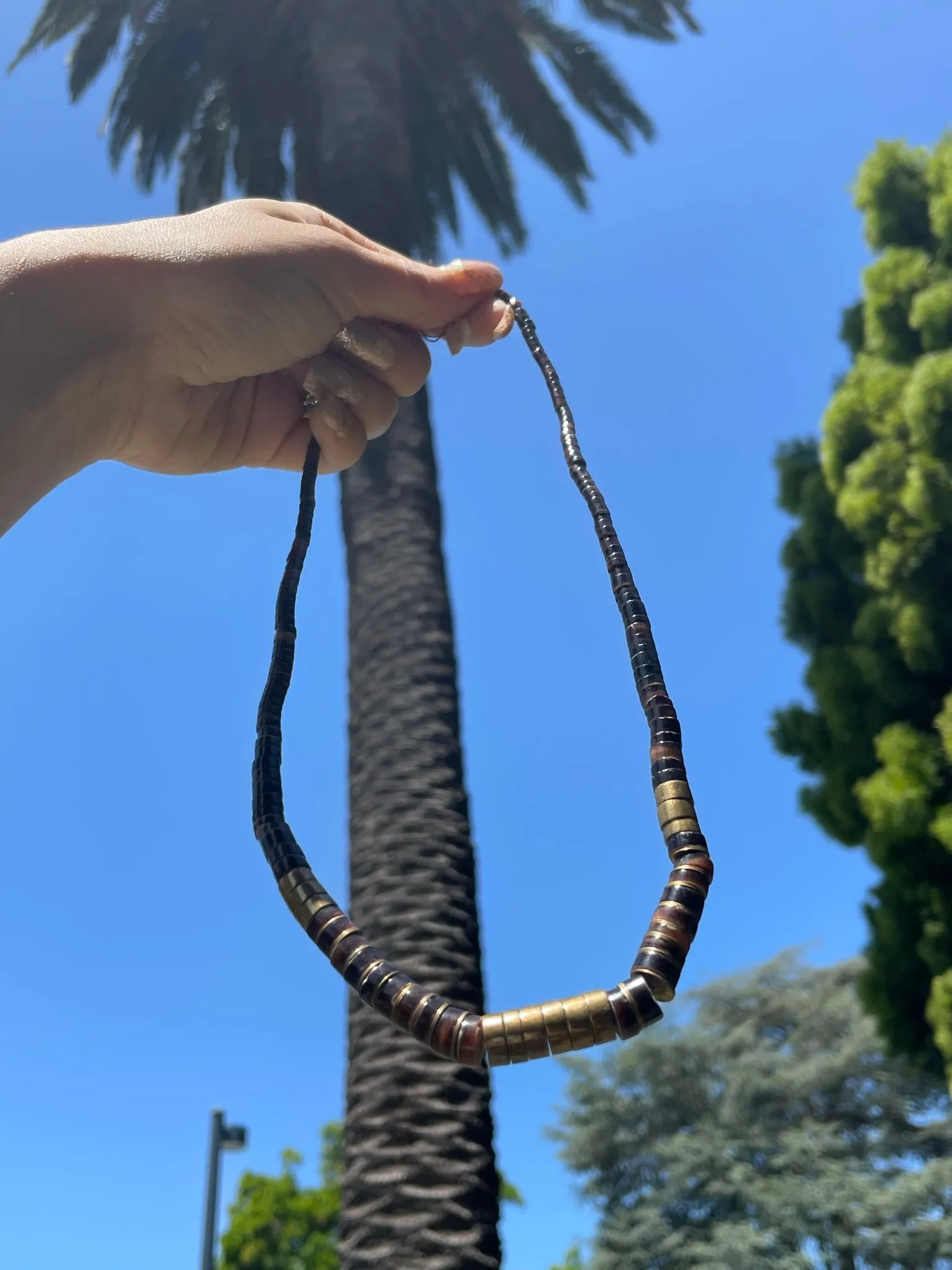 Antique Ethnic Tribal Trading Beaded Agate Brown Tone Brass Disc Bead Necklace