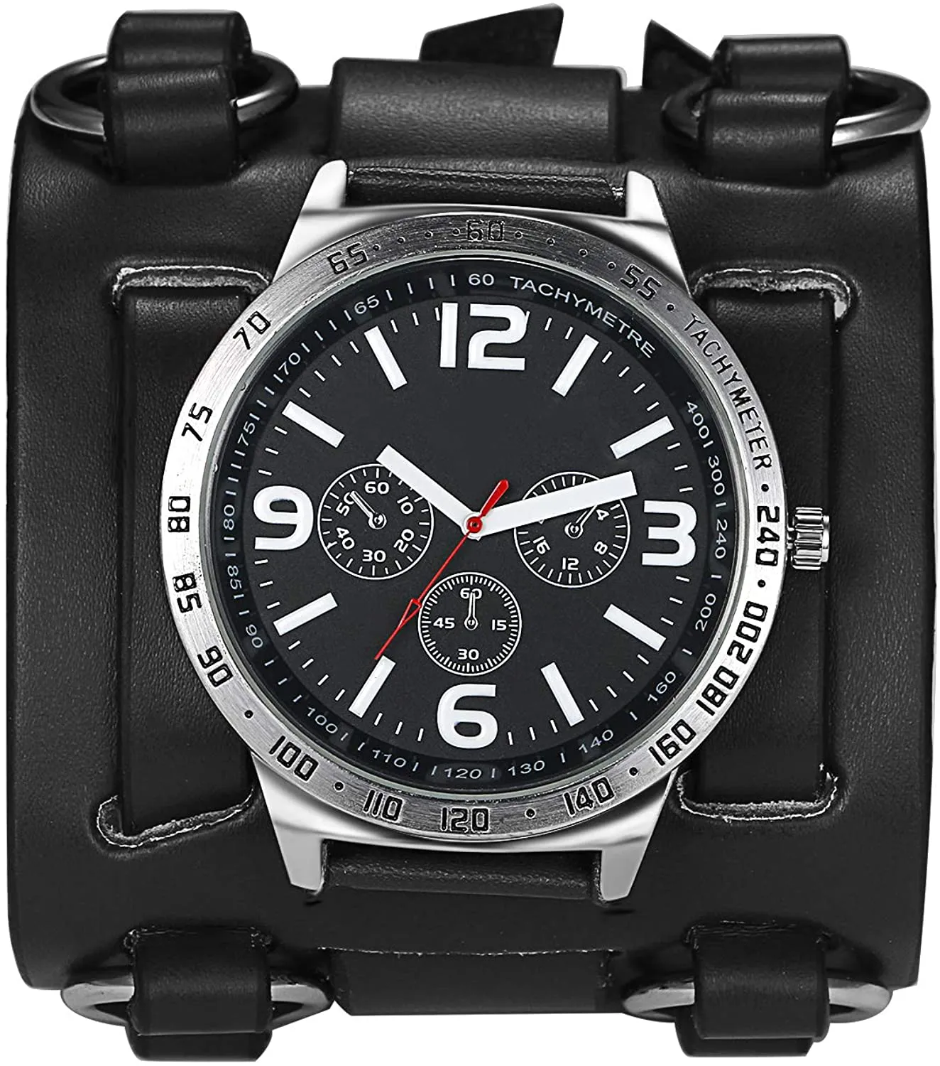 Avaner Mens Retro Steampunk Rock Black Wide Leather Bracelet Cuff Watches Big Face Round Dial Analog Quartz Sport Watch [Upgraded] Japanese Quartz Movement Watch