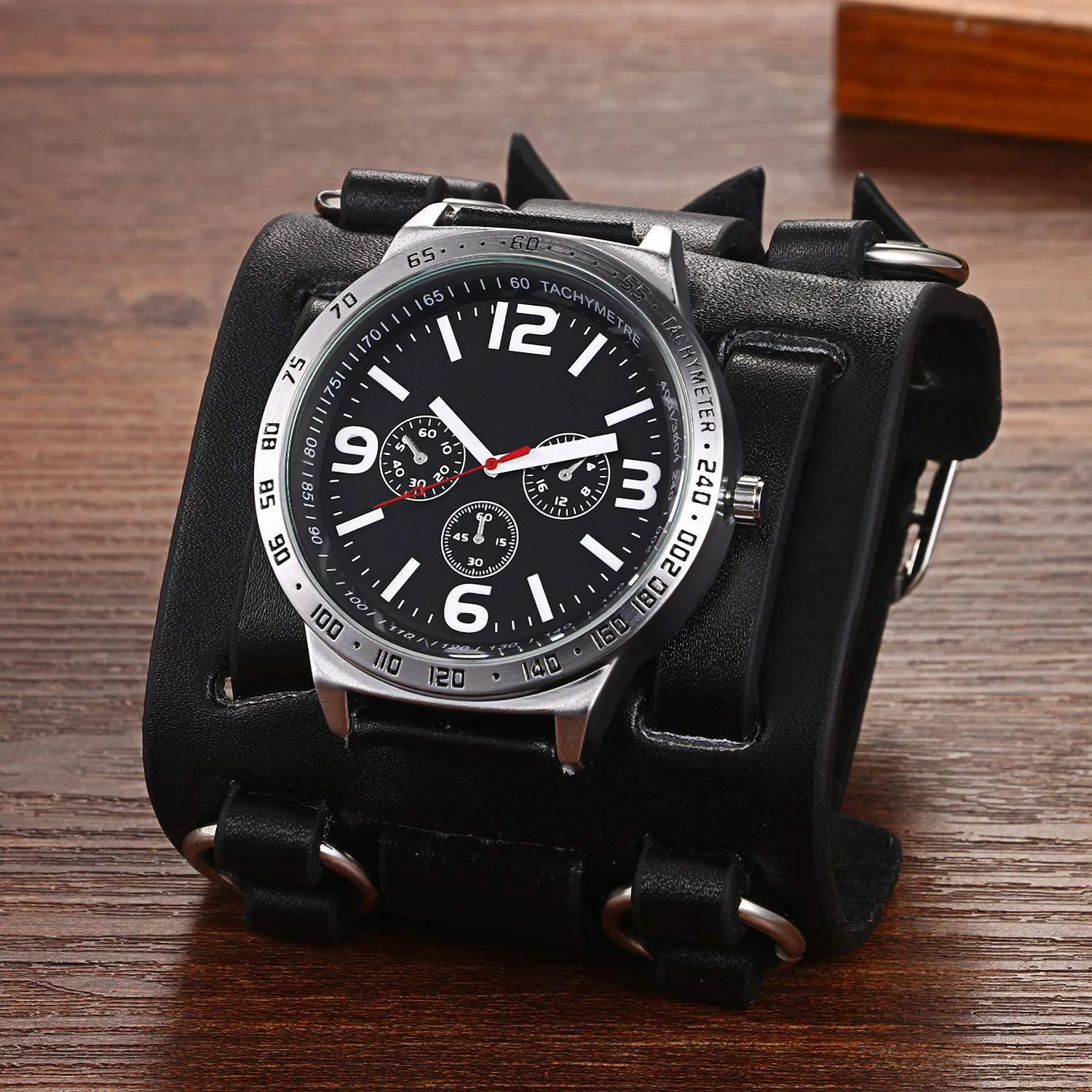 Avaner Mens Retro Steampunk Rock Black Wide Leather Bracelet Cuff Watches Big Face Round Dial Analog Quartz Sport Watch [Upgraded] Japanese Quartz Movement Watch