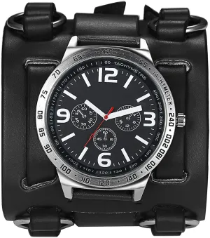 Avaner Mens Retro Steampunk Rock Black Wide Leather Bracelet Cuff Watches Big Face Round Dial Analog Quartz Sport Watch [Upgraded] Japanese Quartz Movement Watch