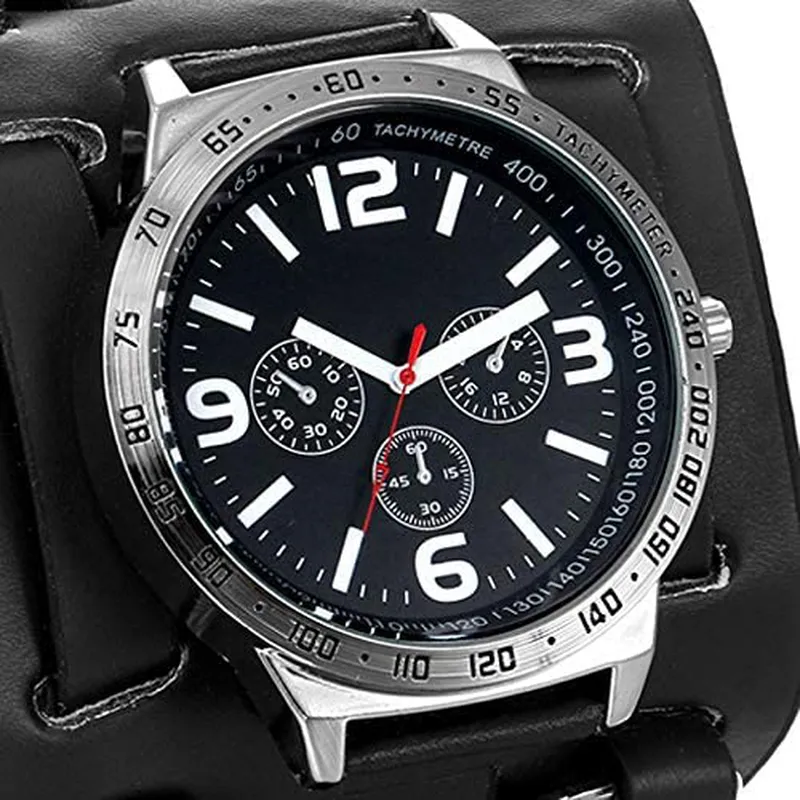 Avaner Mens Retro Steampunk Rock Black Wide Leather Bracelet Cuff Watches Big Face Round Dial Analog Quartz Sport Watch [Upgraded] Japanese Quartz Movement Watch