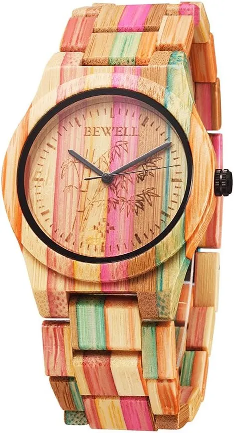 BEWELL Wooden Watches Handmade Natural Colorful Bamboo Wooden Watch Analog Quartz Wrist Watch Orange