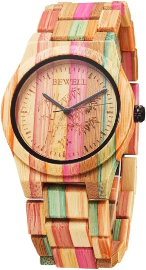 BEWELL Wooden Watches Handmade Natural Colorful Bamboo Wooden Watch Analog Quartz Wrist Watch Orange