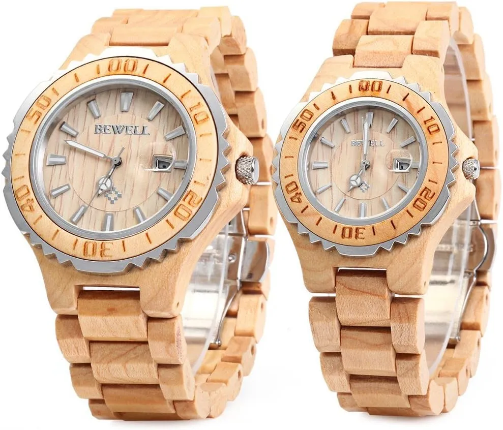 BEWELL ZS-100B Couple Wooden Quartz Watch Men and Women Handmade Lightweight Date Display Fashion Watches