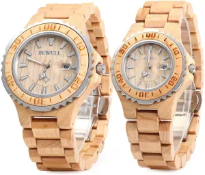 BEWELL ZS-100B Couple Wooden Quartz Watch Men and Women Handmade Lightweight Date Display Fashion Watches