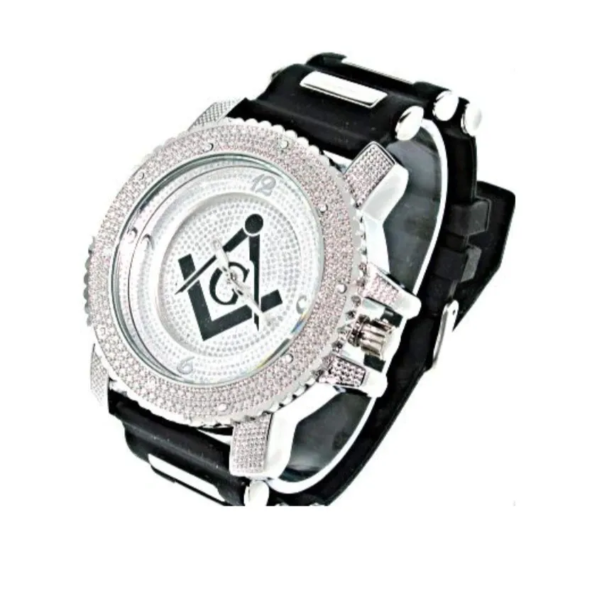 Black Silver Freemason Watch Diamond Sports Watch Masonic Gift Prince Hall Regalia Compass & Square