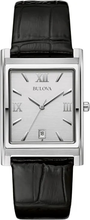 Bulova Men's Stainless Steel 3-Hand Calendar Date Quartz Watch with Black Leather Strap, Rectangle Dial Style: 96B107