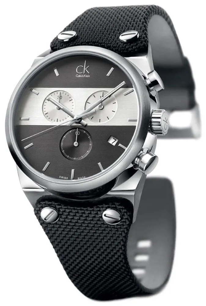 Calvin Klein Eager Chronograph Black Nylon Strap Black and Silver Dial Quartz Mens Watch K4B371B3