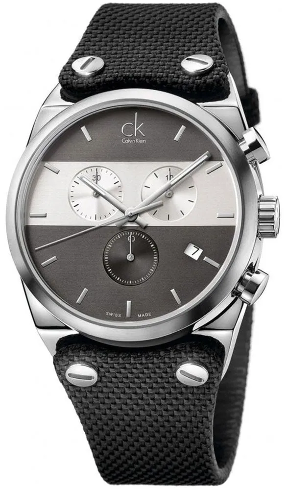 Calvin Klein Eager Chronograph Black Nylon Strap Black and Silver Dial Quartz Mens Watch K4B371B3