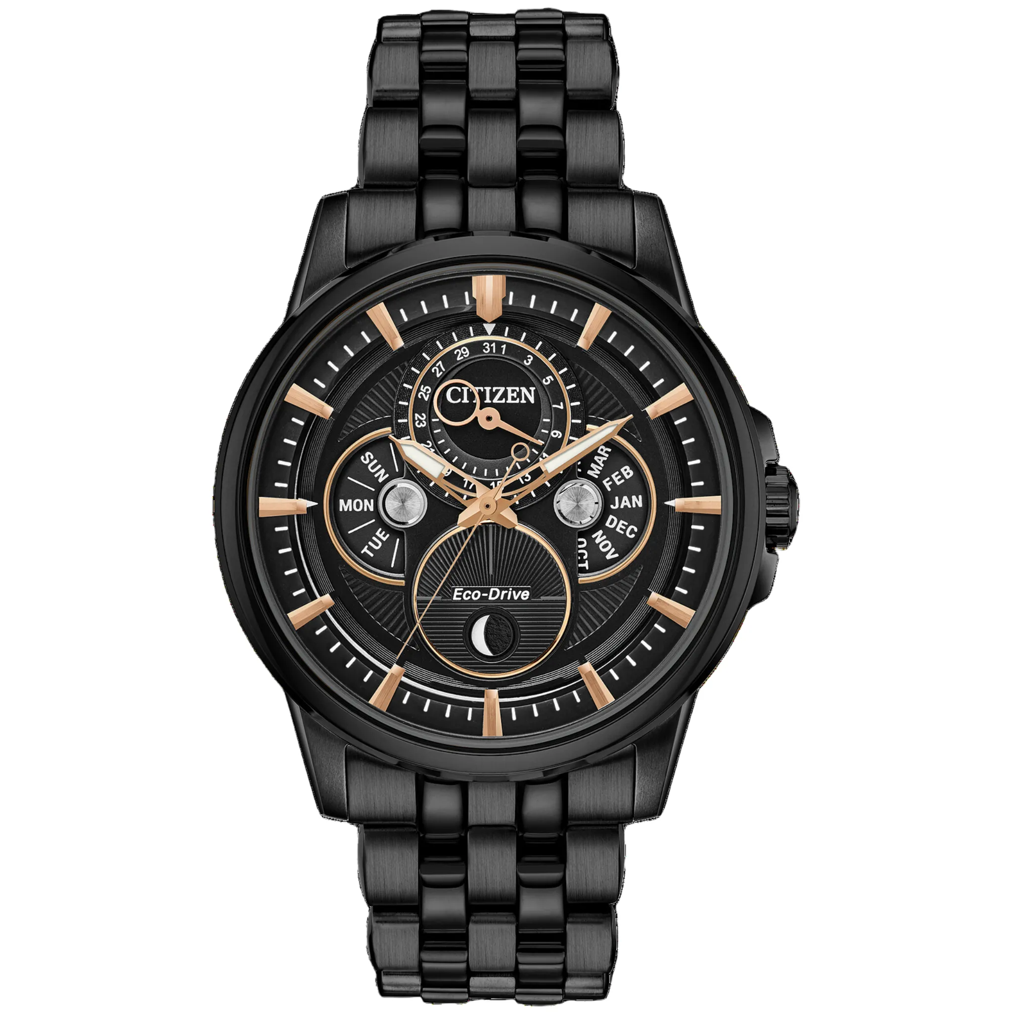 Citizen Calendrier Black with Rose Accents Moon Phase Watch BU0057-54E