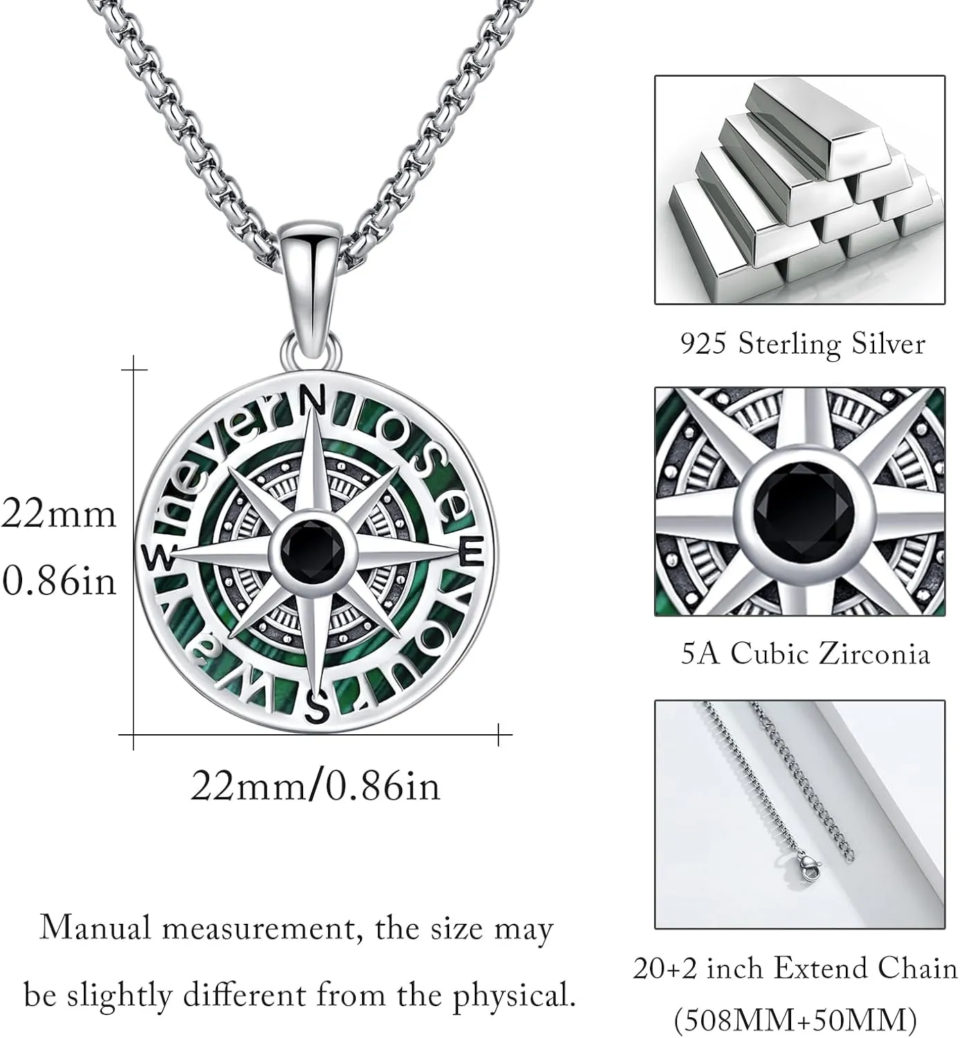 Compass Necklace 925 Sterling Silver Compass Pendant Necklace for Men Graduation inspirational Jewelry Gift for Women Men