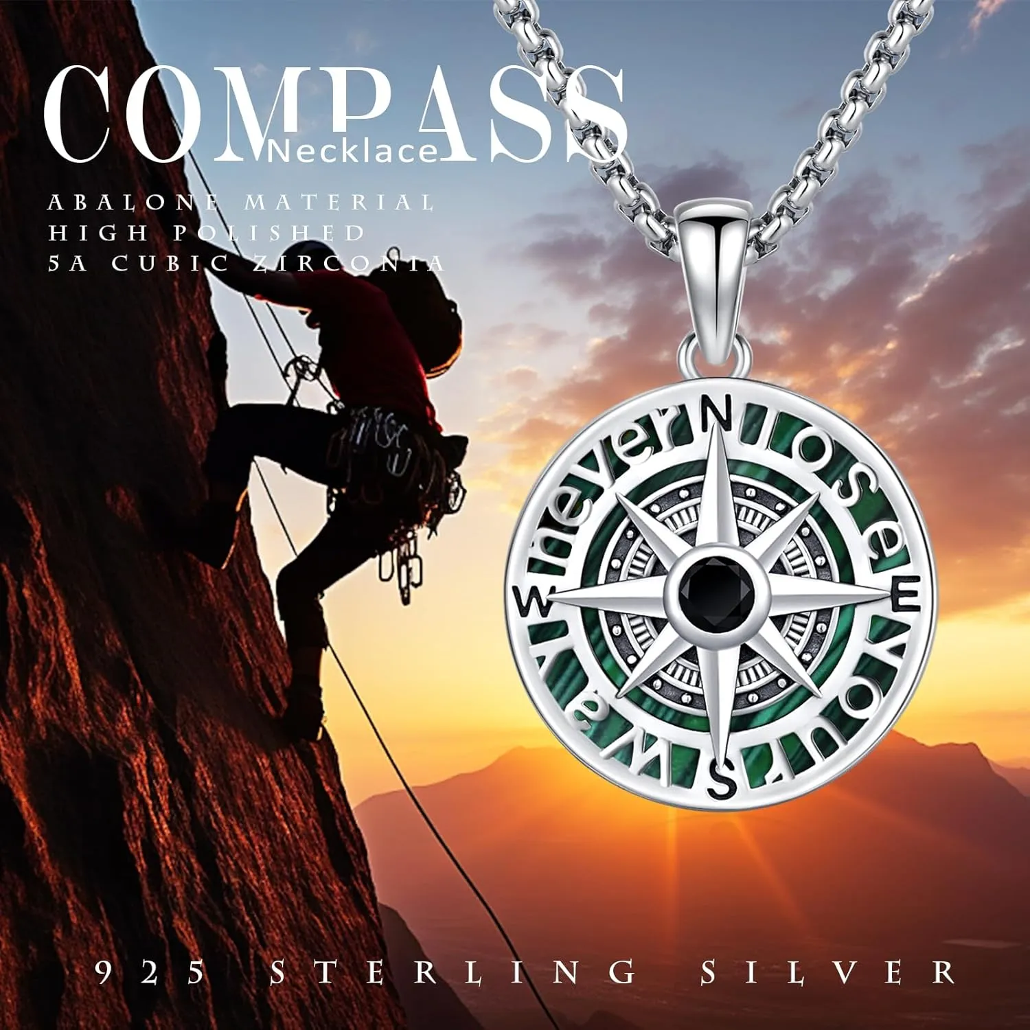 Compass Necklace 925 Sterling Silver Compass Pendant Necklace for Men Graduation inspirational Jewelry Gift for Women Men