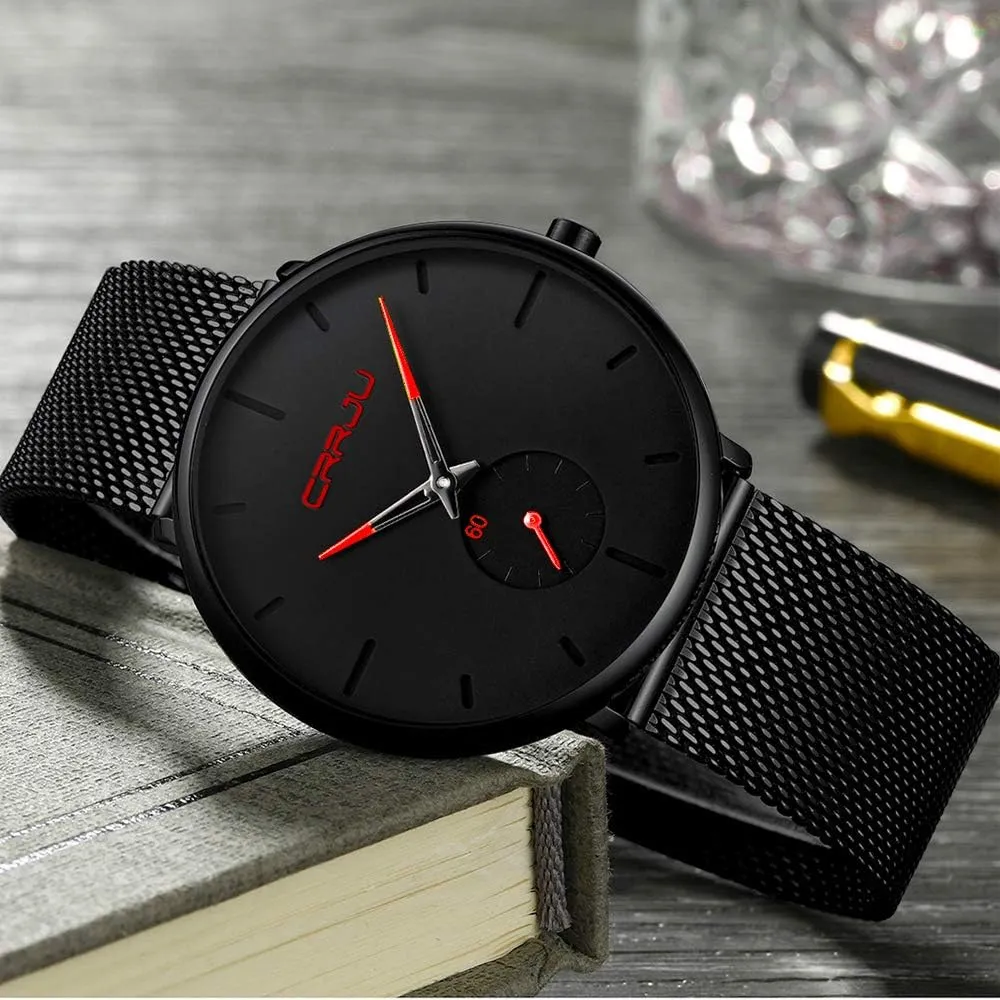 CRRJU Men Business Slim Analog Quartz Watch,Date Black Dial Wrist Watch with Mesh Bracelet Strap