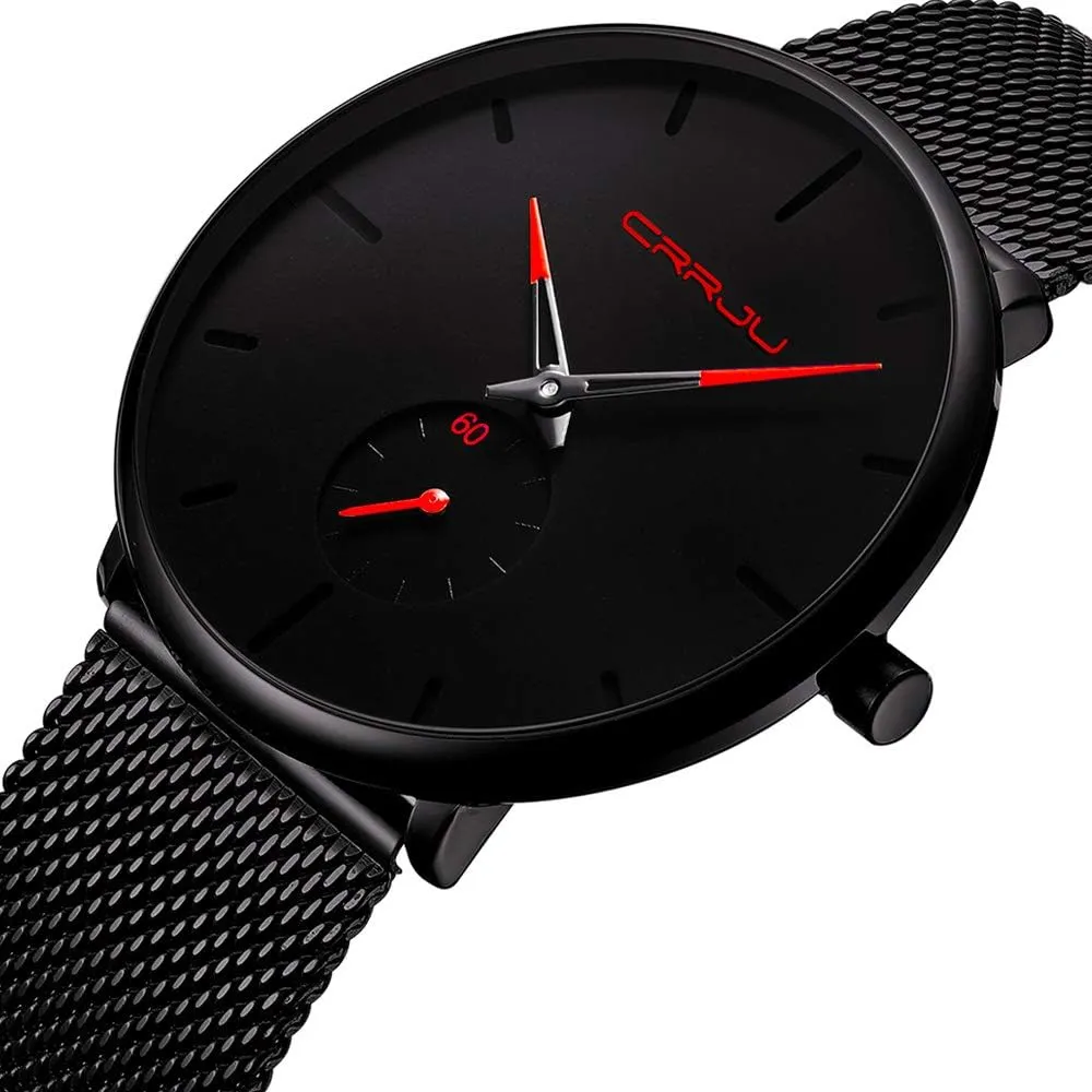 CRRJU Men Business Slim Analog Quartz Watch,Date Black Dial Wrist Watch with Mesh Bracelet Strap