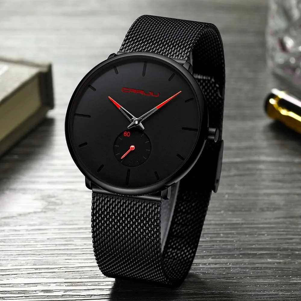 CRRJU Men Business Slim Analog Quartz Watch,Date Black Dial Wrist Watch with Mesh Bracelet Strap