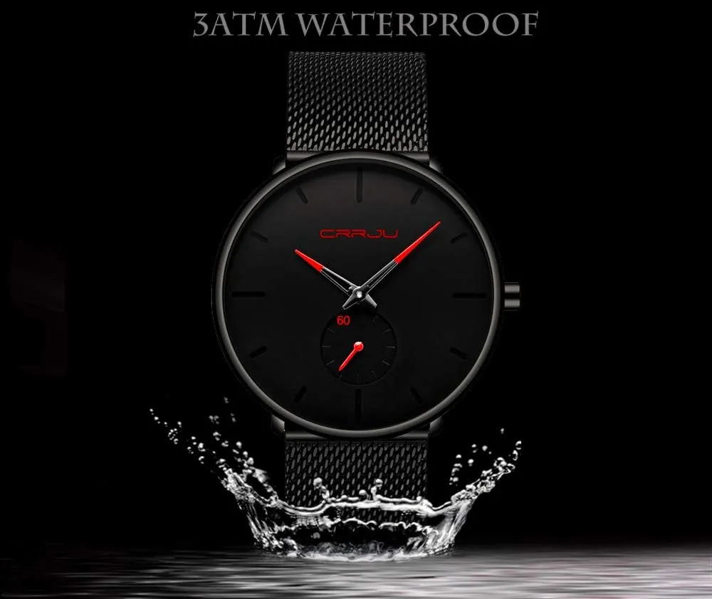 CRRJU Men Business Slim Analog Quartz Watch,Date Black Dial Wrist Watch with Mesh Bracelet Strap