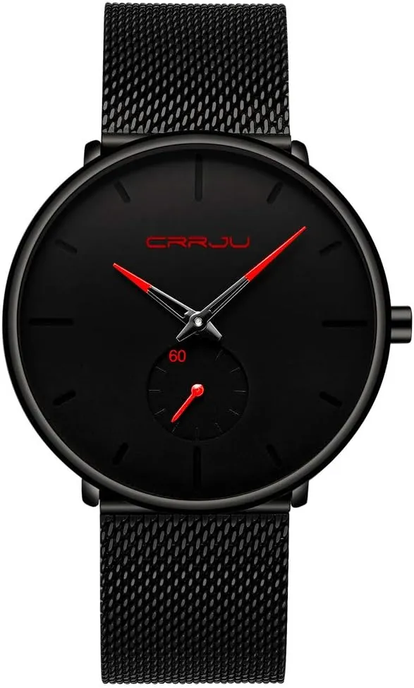 CRRJU Men Business Slim Analog Quartz Watch,Date Black Dial Wrist Watch with Mesh Bracelet Strap