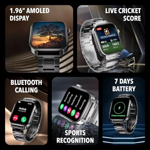 Cultsport Ace X Luxe 1.96" AMOLED Smartwatch, Premium Metallic Build Smartwatch, Always On Display, Bluetooth Calling, Live Cricket Score,Functional Crown(Luxe Black Steel)