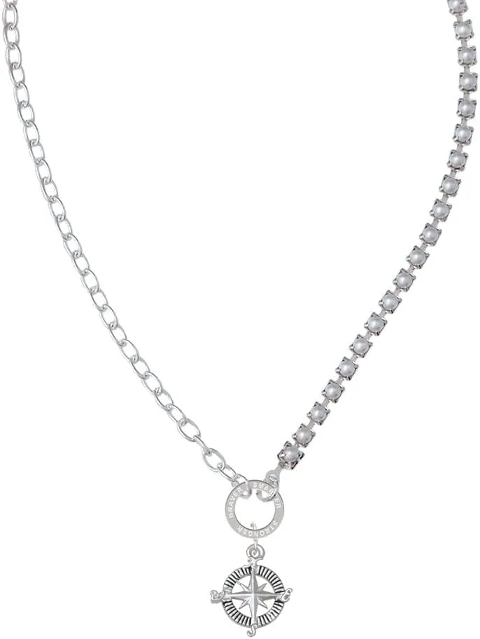 Delight Jewelry Silvertone Compass Stronger Braver Smarter Mixed Cable and Imitation Pearl Chain Choker Necklace, 14.75-17"