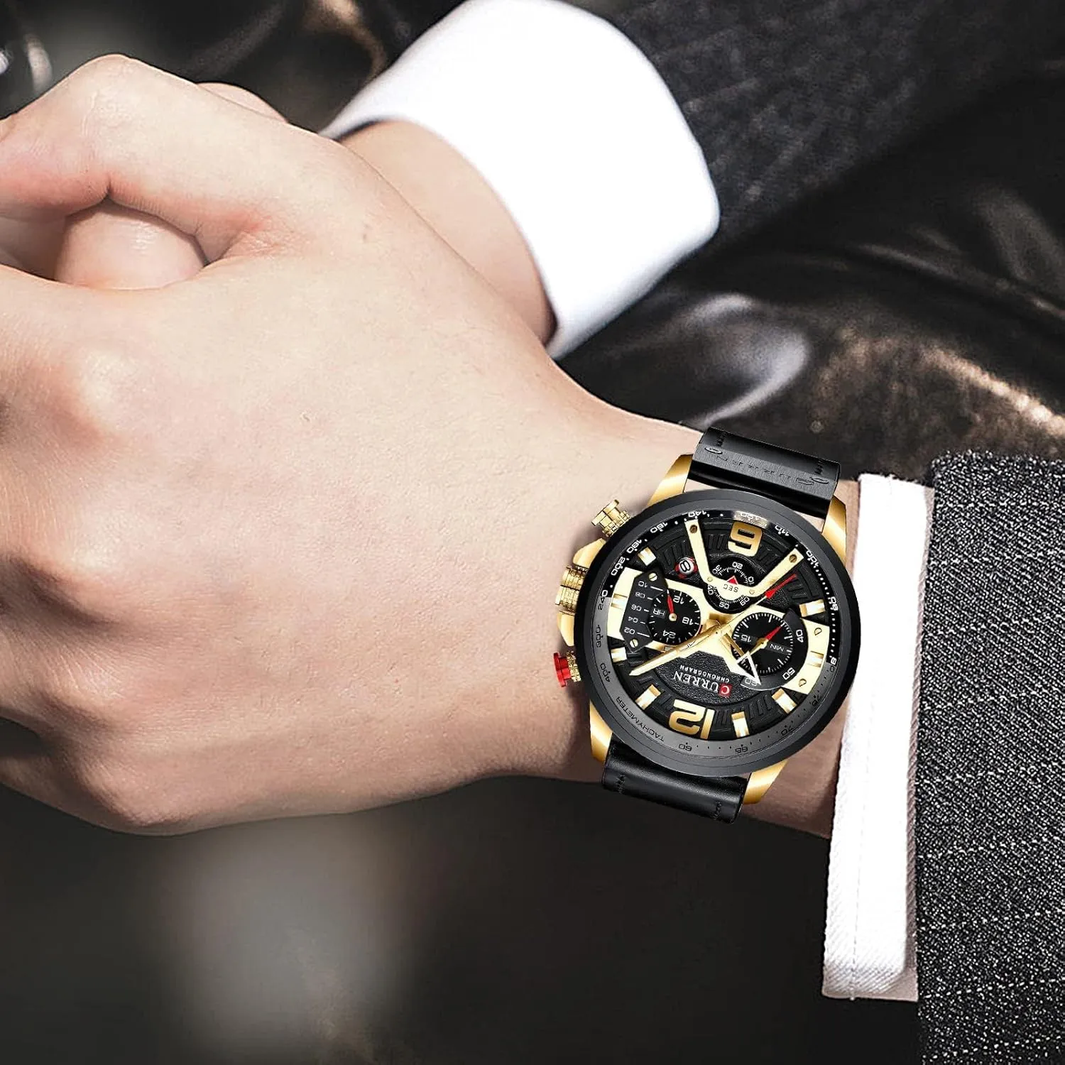 FANMIS Mens Luxury Watches Business Chronograph Dress Waterproof Leather Strap Analog Quartz Wrist Watch