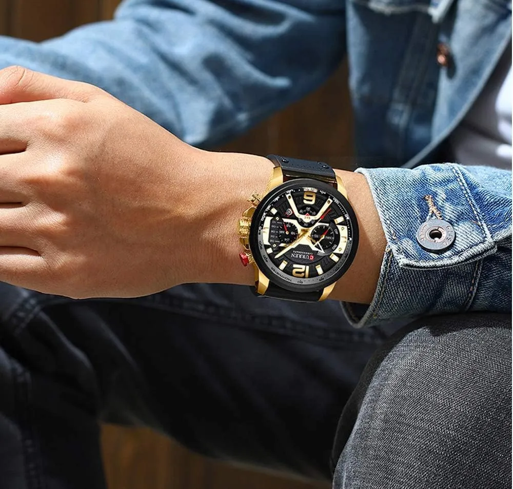 FANMIS Mens Luxury Watches Business Chronograph Dress Waterproof Leather Strap Analog Quartz Wrist Watch