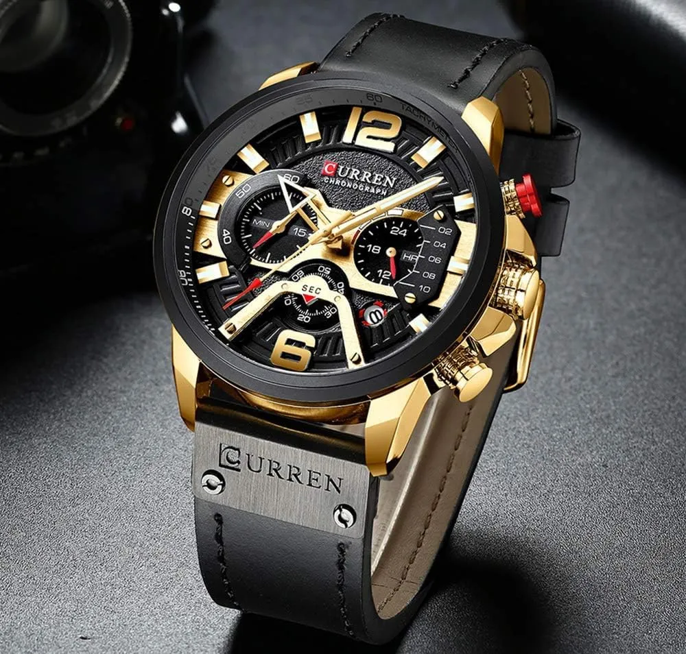 FANMIS Mens Luxury Watches Business Chronograph Dress Waterproof Leather Strap Analog Quartz Wrist Watch