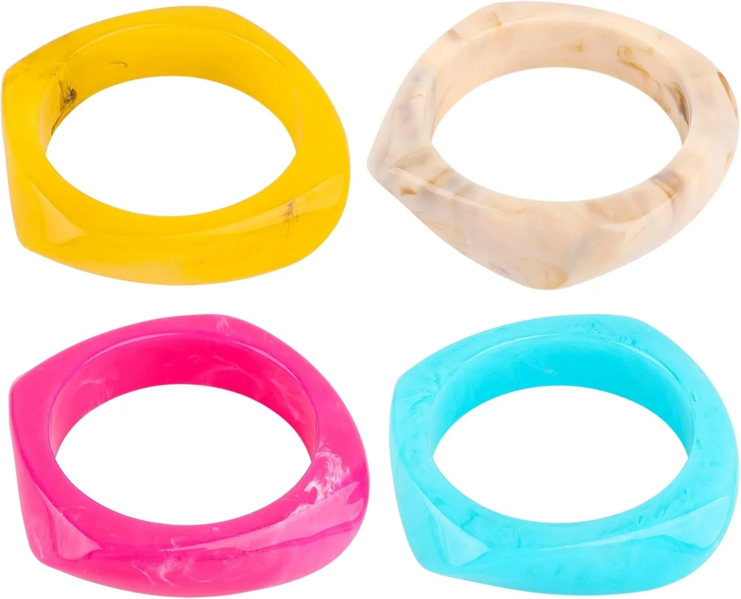 Framendino, 4 Pack Colorful Square Acrylic Resin Bangle Bracelet Wide Irregular Wristbands Geometric Plastic Bracelets for Women