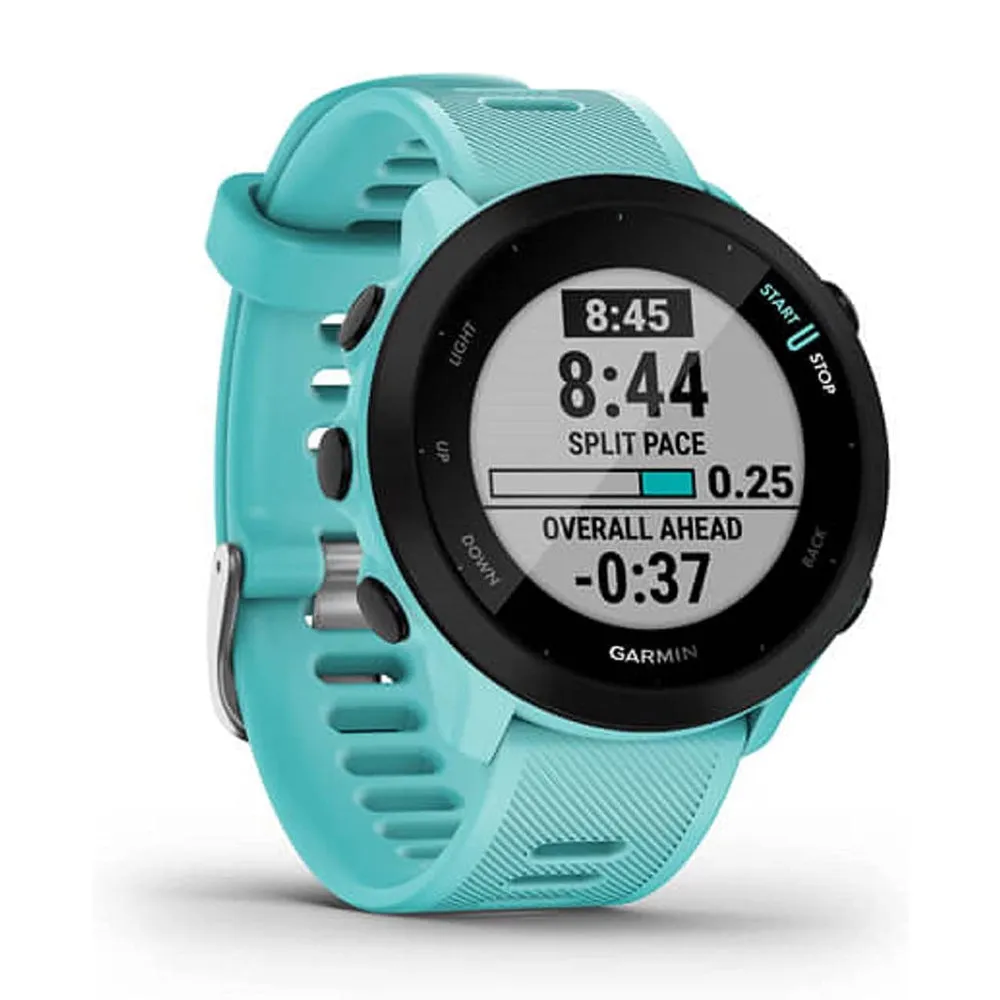 Garmin Forerunner 55 GPS Running with Daily Suggested Workouts Black Bezel Silicone Aqua Band Smart Watch - 010-02562-02