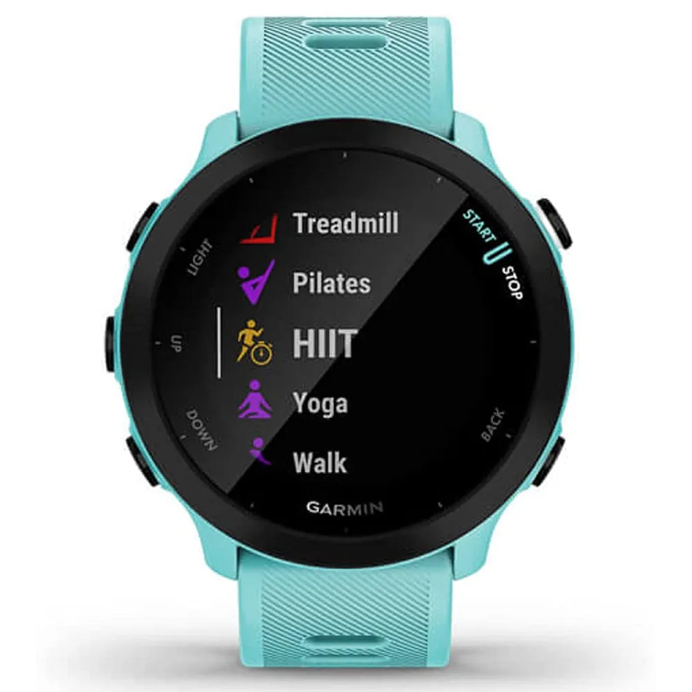 Garmin Forerunner 55 GPS Running with Daily Suggested Workouts Black Bezel Silicone Aqua Band Smart Watch - 010-02562-02