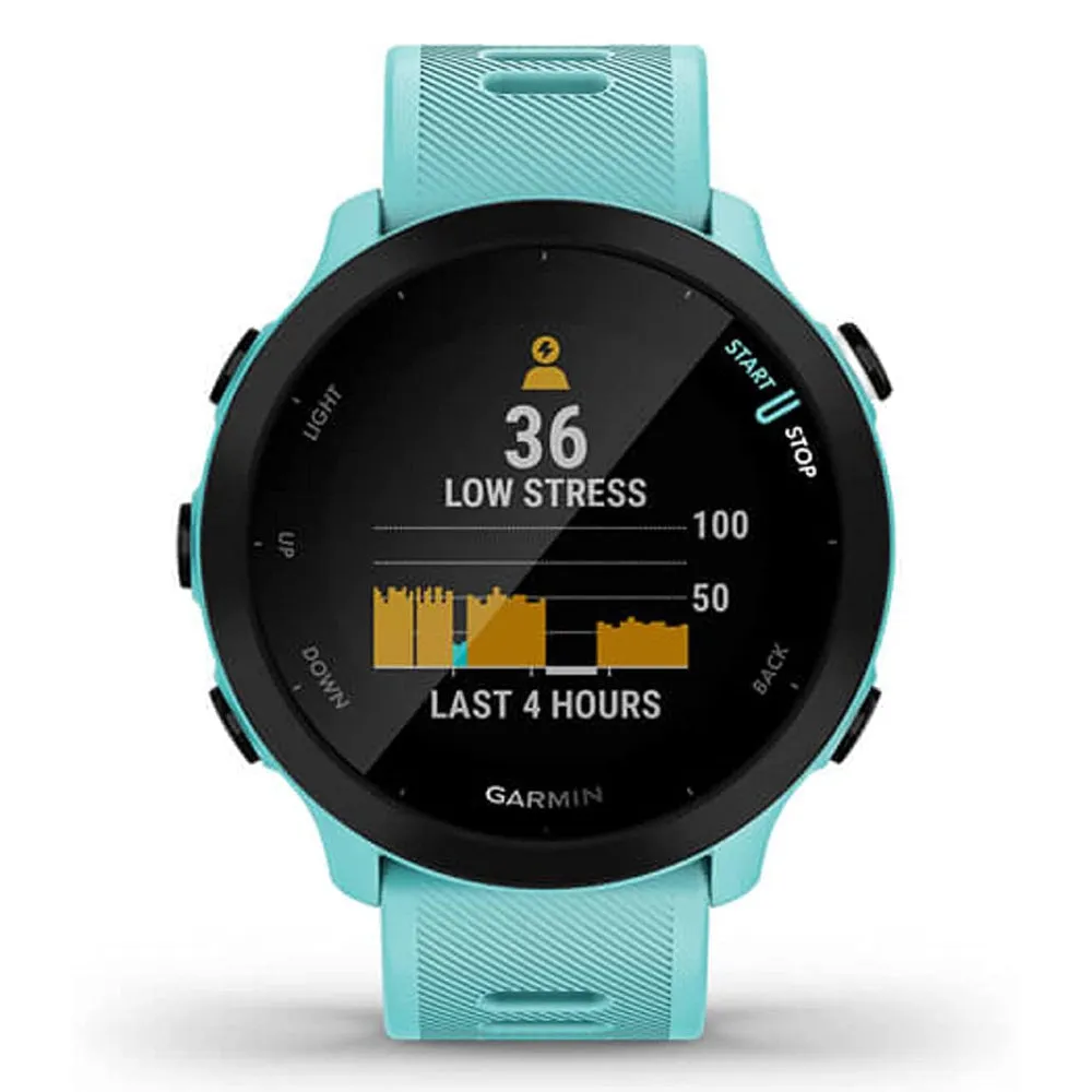 Garmin Forerunner 55 GPS Running with Daily Suggested Workouts Black Bezel Silicone Aqua Band Smart Watch - 010-02562-02