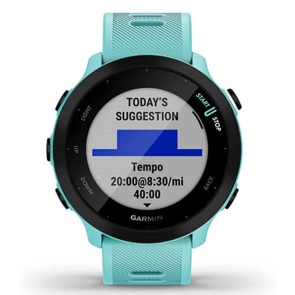 Garmin Forerunner 55 GPS Running with Daily Suggested Workouts Black Bezel Silicone Aqua Band Smart Watch - 010-02562-02