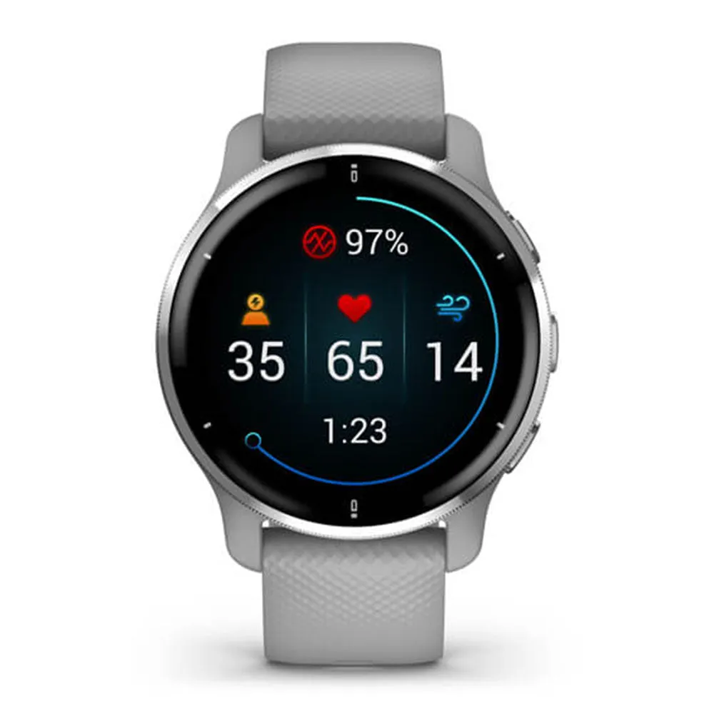Garmin Venu 2 Plus Silver Stainless Steel Bezel with Powder Gray Case and Silicone Band GPS Smartwatch - 010-02496-00