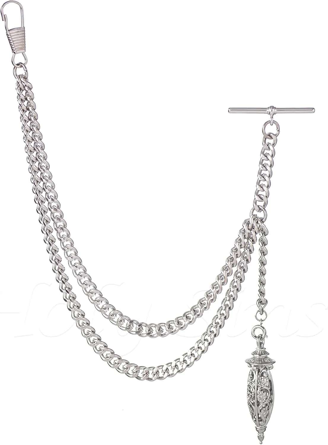 Handmade in the UK Silver Colour Single Albert Pocket Watch Chain With Hollow Pendant