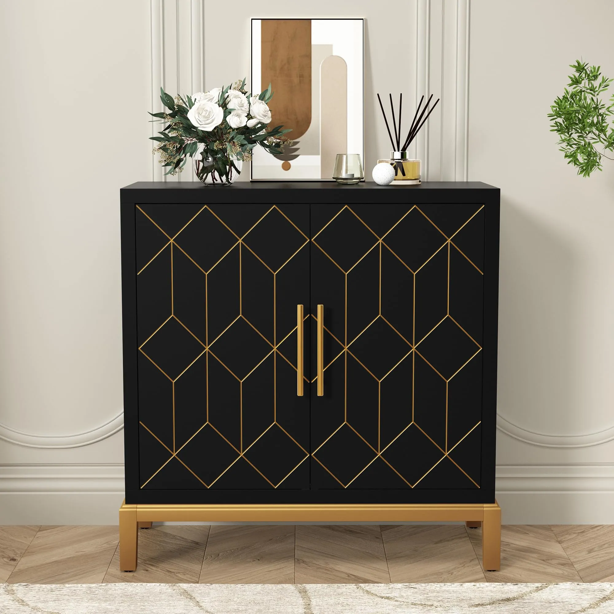 HLR Black Modern Wooden Accent Sideboard with Carved Decorative Doors, Storage Cabinet for Living, Kitchen, Office & Hallway