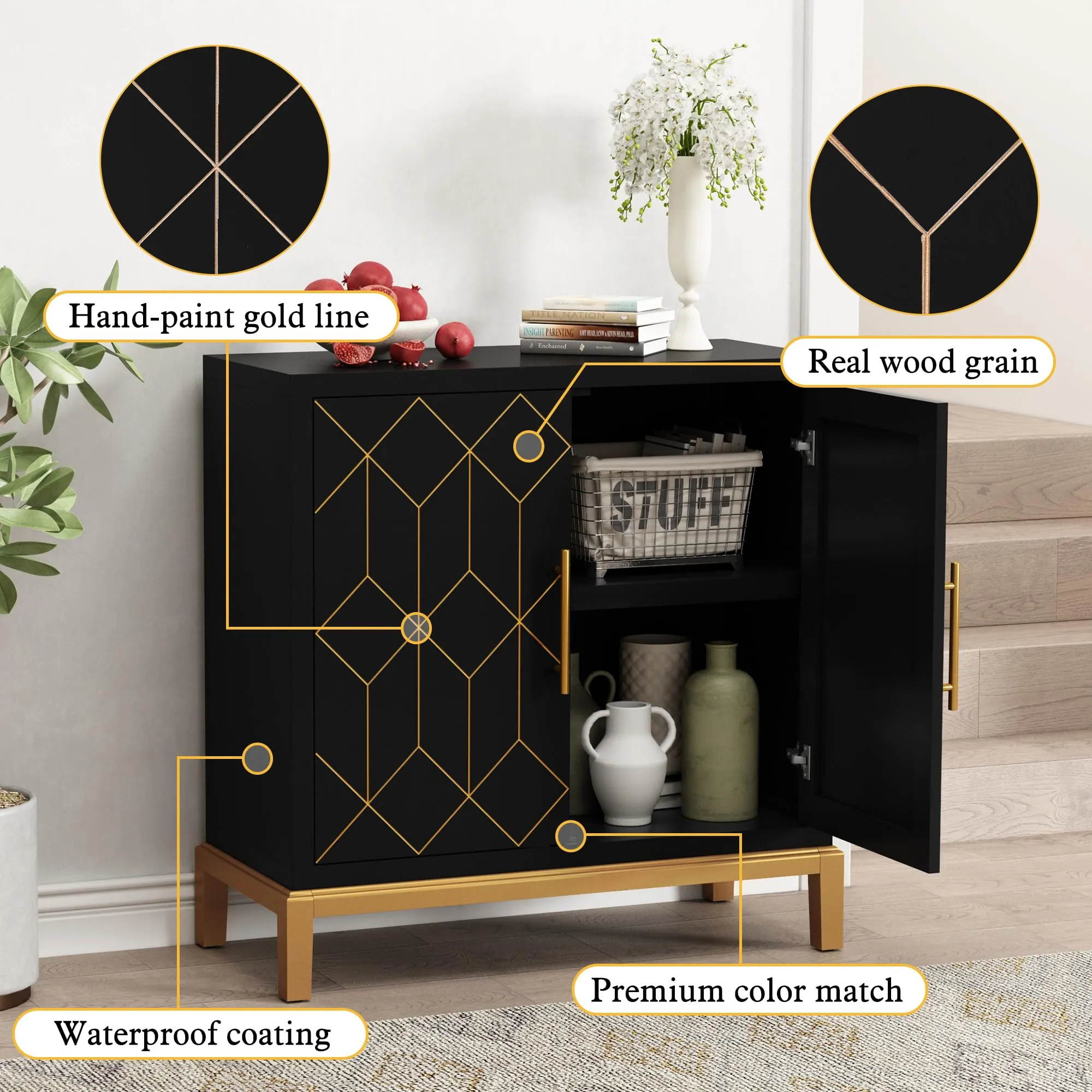 HLR Black Modern Wooden Accent Sideboard with Carved Decorative Doors, Storage Cabinet for Living, Kitchen, Office & Hallway