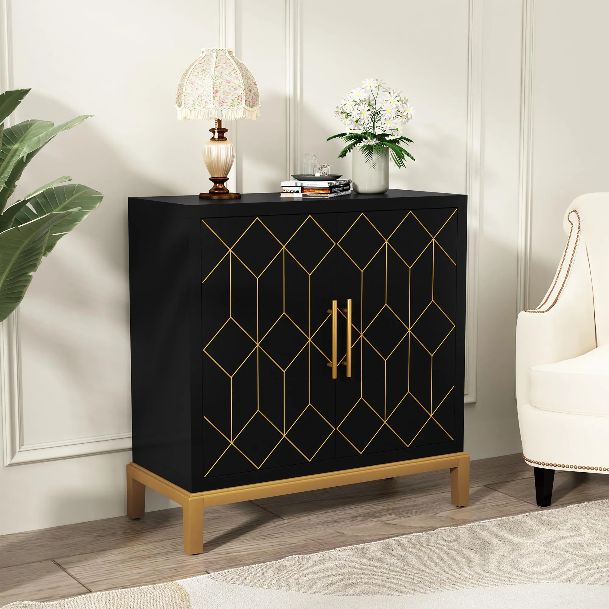 HLR Black Modern Wooden Accent Sideboard with Carved Decorative Doors, Storage Cabinet for Living, Kitchen, Office & Hallway
